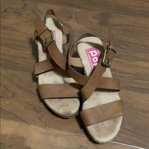 Never worn  leather like strappy wedges